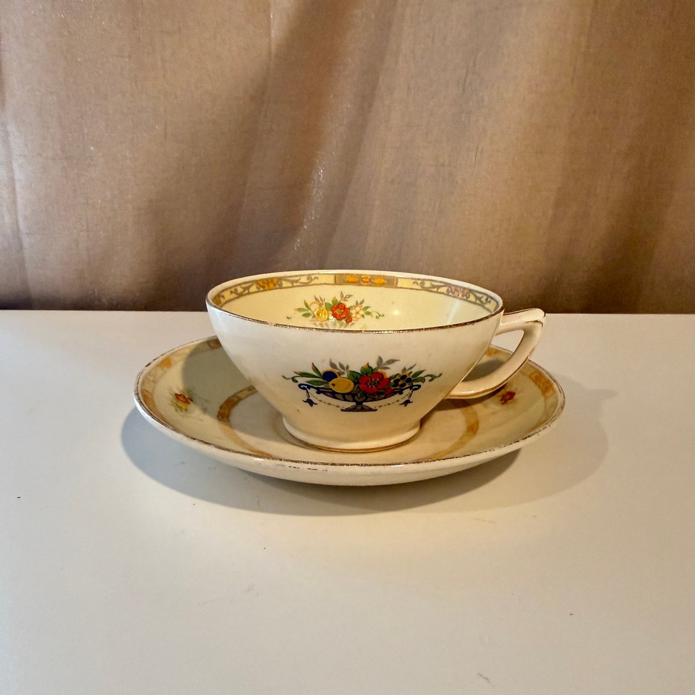 Vintage Myott Staffordshire England Teacup and Saucer Fruit Floral Cream Gold